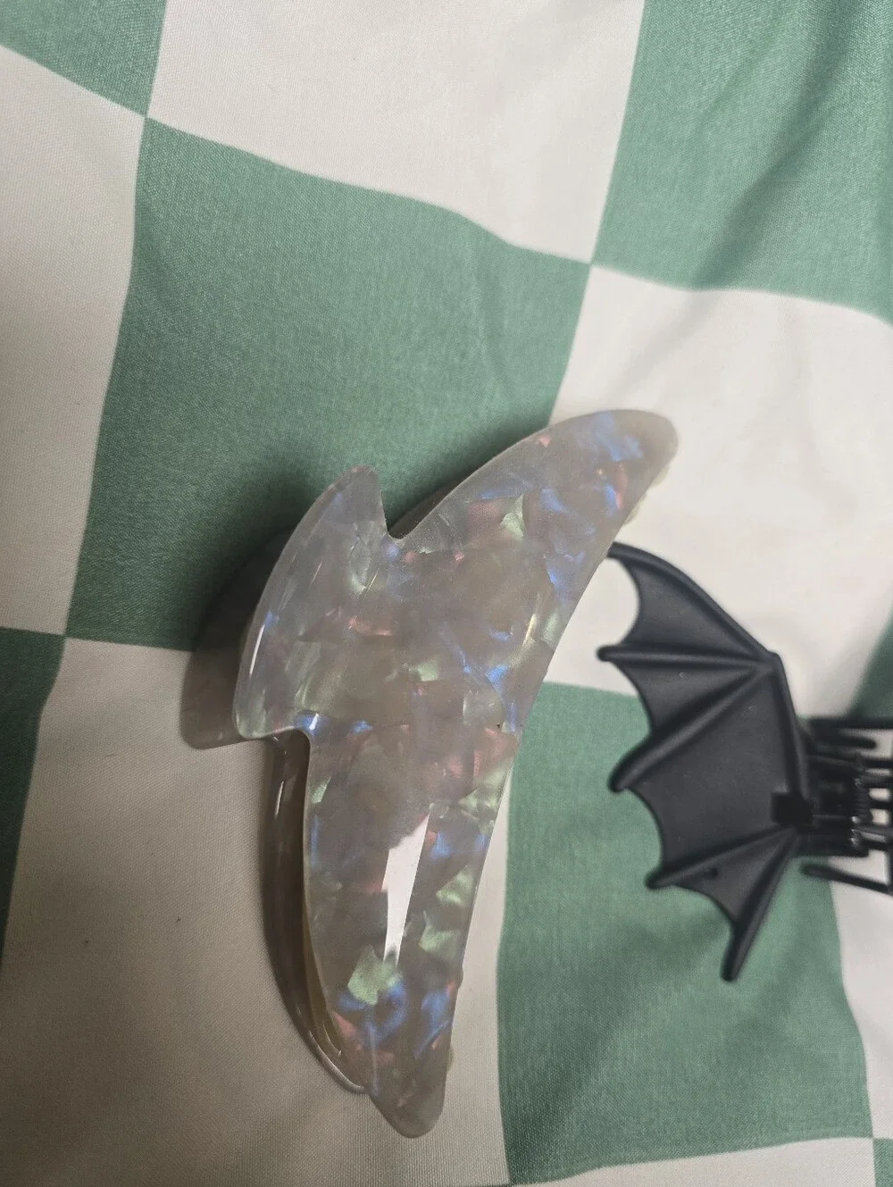 Iridescent Pearl Hair Claw & Black Bat Wing Clip Duo